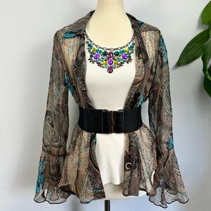 Bohemian Multicolor Paisley Sheer Blouse, Bell Sleeve Whimsigoth, 90’s